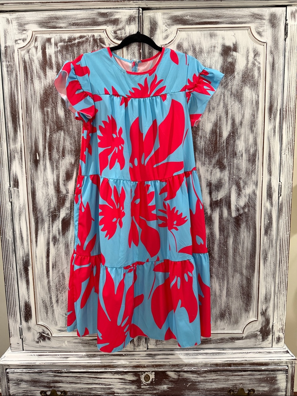 Blue and Red Floral Tiered Dress